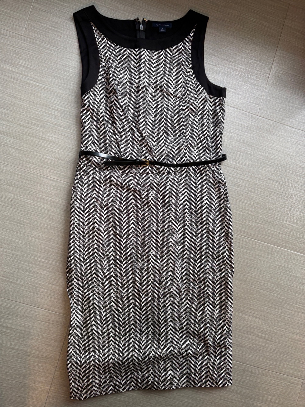 Tommy Hilfiger Black and White Chevron Sheath Dress with Belt